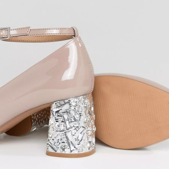 ASOS Snowflake Jewelled‎ Mid Ankle Strap Heels in Warm Taupe Patent - Picture 2 of 10